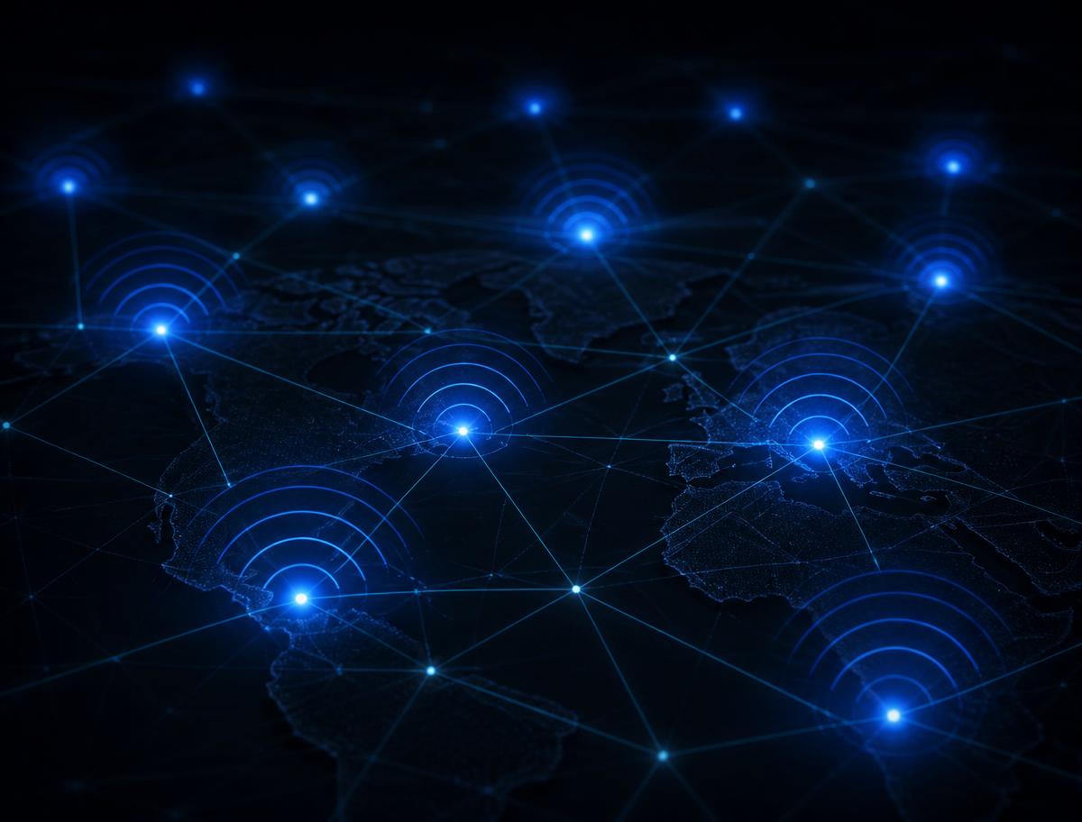 Abstract visualisation of wireless network nodes linked across a region