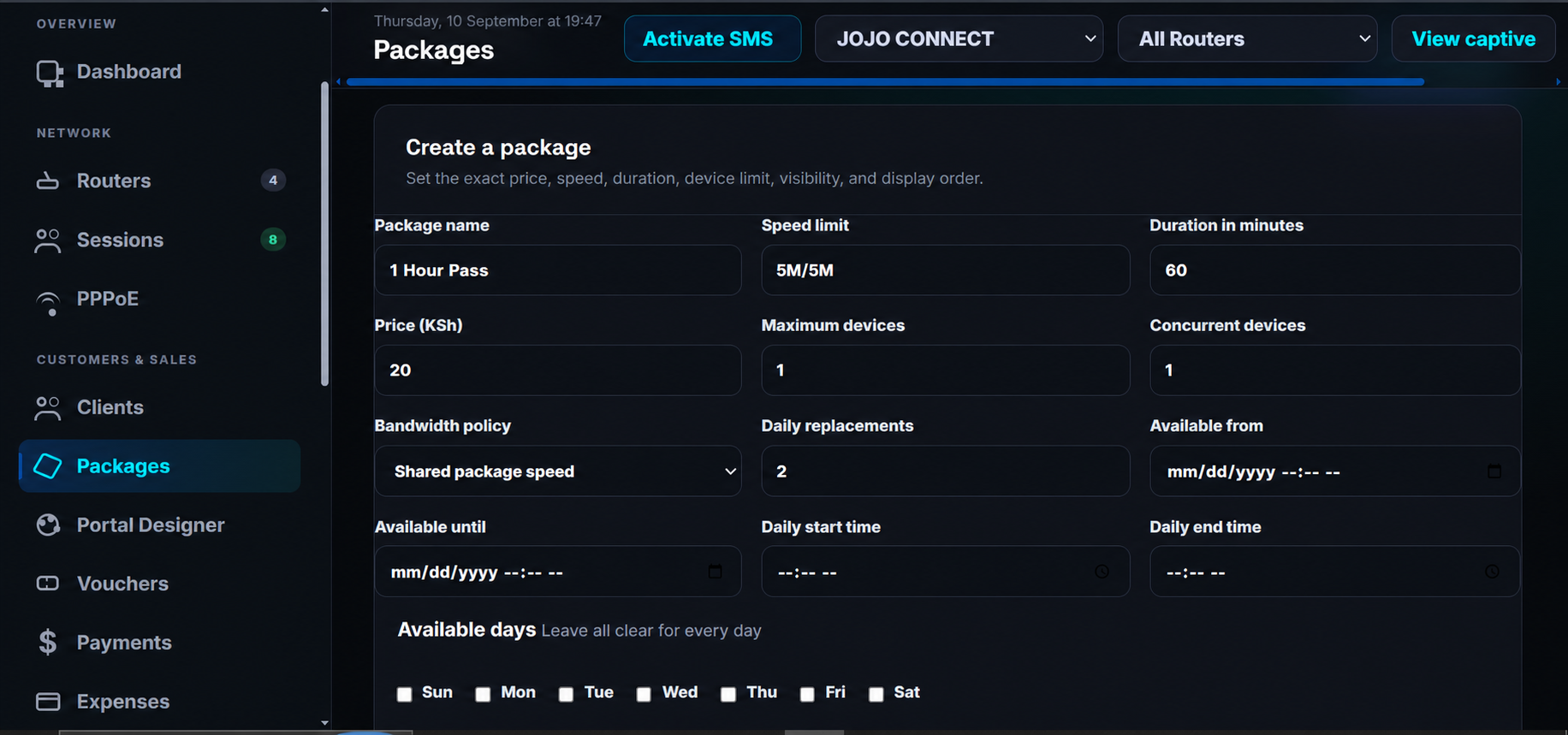 JOJO CONNECT package configuration interface