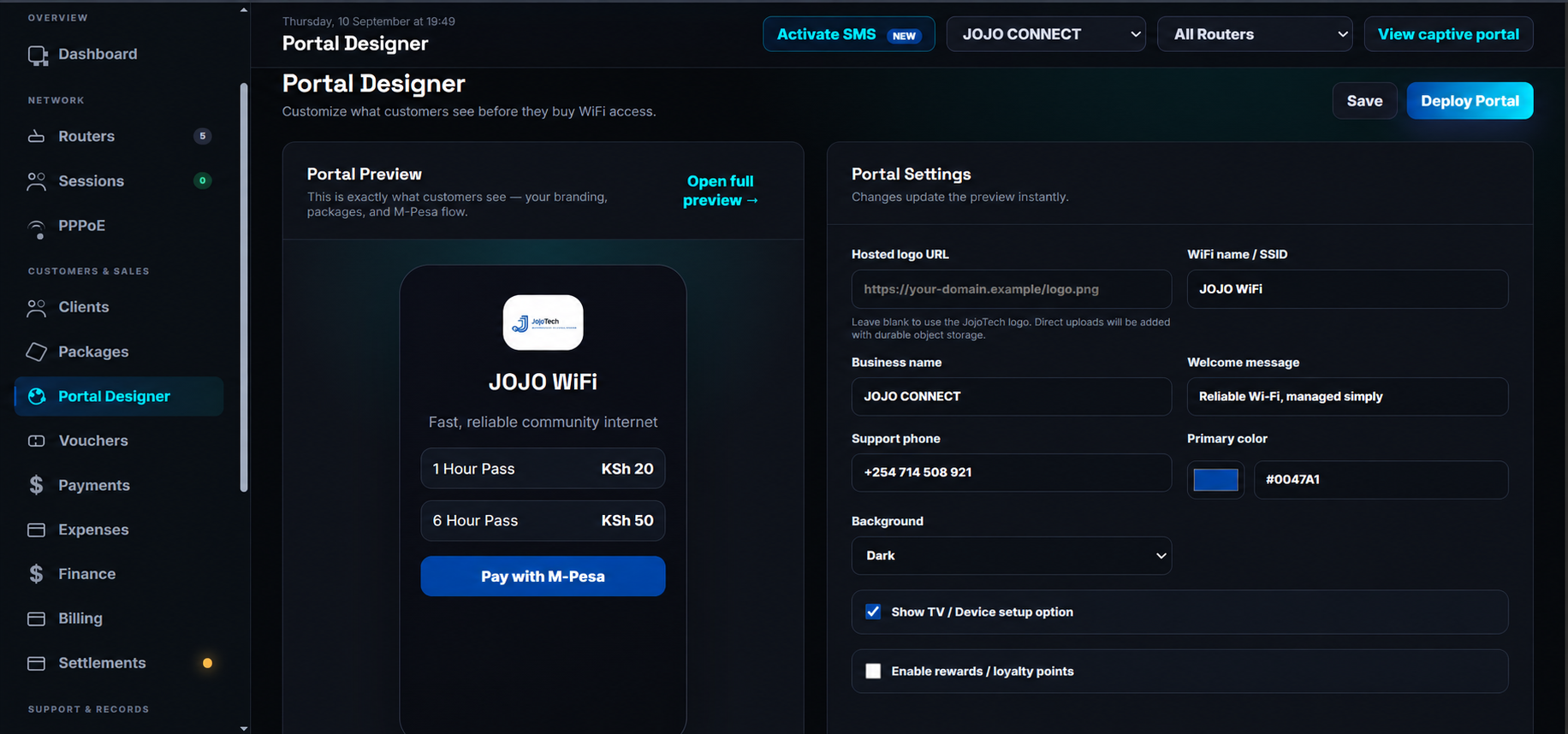 JOJO CONNECT captive portal design controls